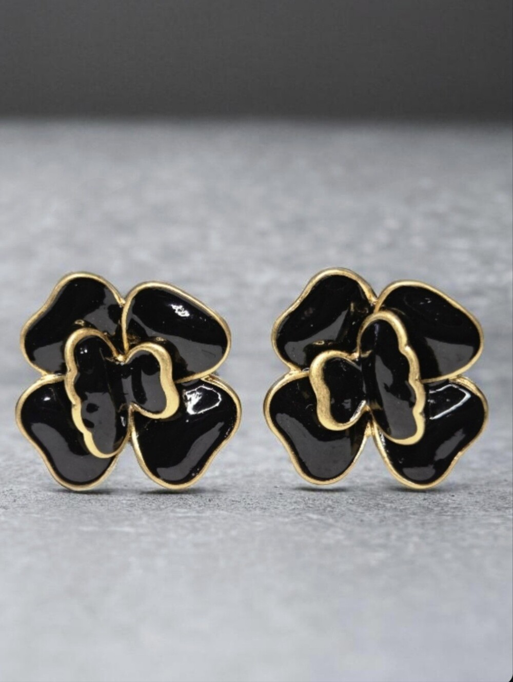 Matte Gold Plated Black Enamel Camellia Flower Earrings